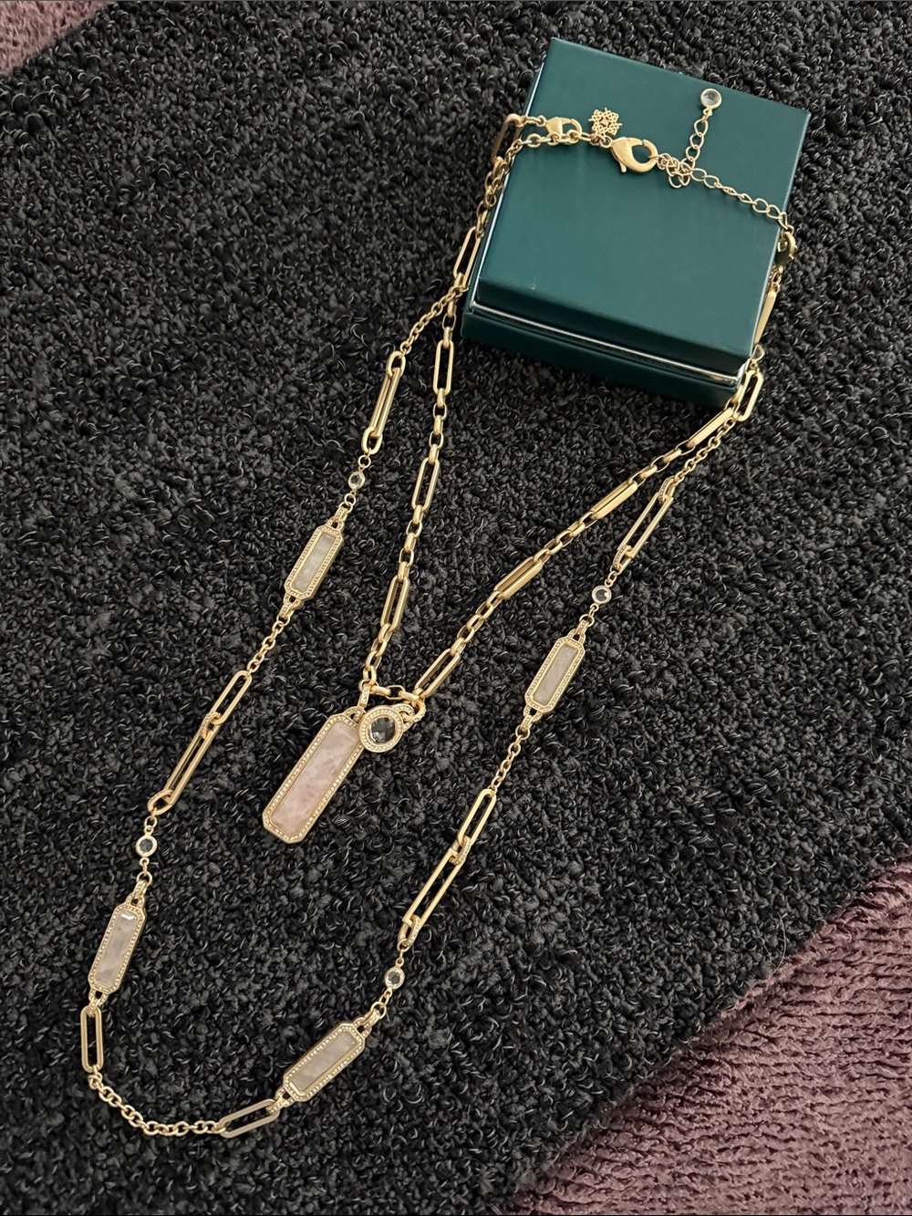 Fashion Jewelry Gold-Tone Layered Necklace with Pink Stone Charms